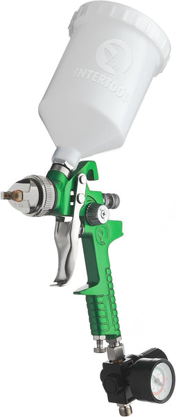INTERTOOL  HVLP Paint Spray Gun - 1.3 mm Air Cap, Automotive Sprayer, Air Regulator Gauge, Disposable Cup Adapter, 600 cc Plastic Cup | PT08-0102