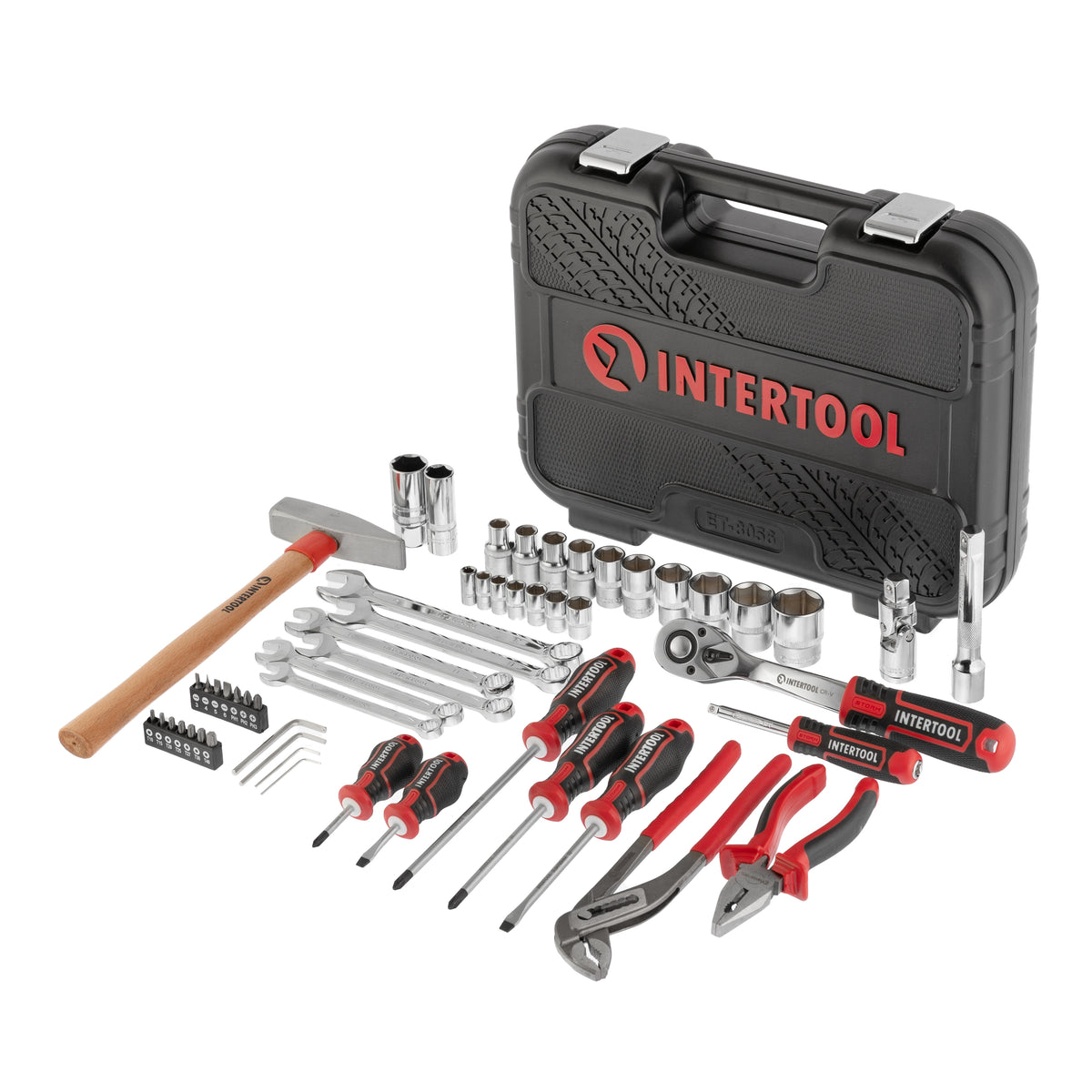 Juego completo de herramientas mecánicas INTERTOOL con accionamiento de 1/4" y 1/2", sistema métrico, 56 piezas | ET08-8056 