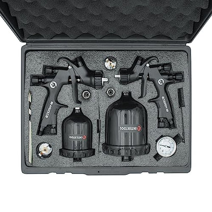 INTERTOOLHVLP Paint Spray Gun Set - 2 Sprayers, 0.8, 1.2, 1.3, 1.8 mm Air Caps, Standard & Touch Up, 250/600 cc Plastic Cups, Black M-Diamond Series | PT08-0179