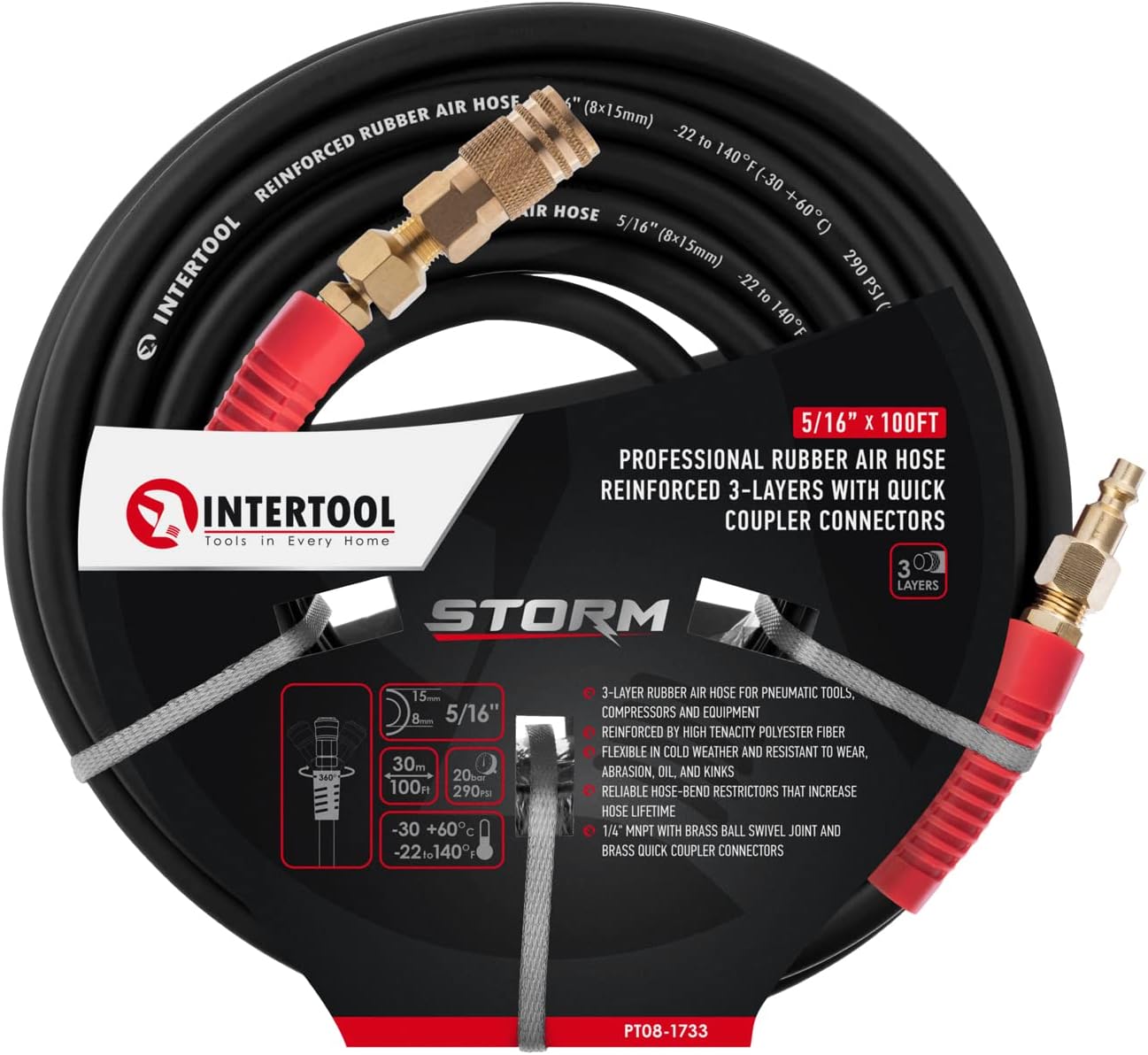 INTERTOOL "5/16” x 100 ft. Rubber Air Hose - Ultra-Durable, Heavy-Duty, Kink-Resistant, Brass Fittings  | PT08-1733