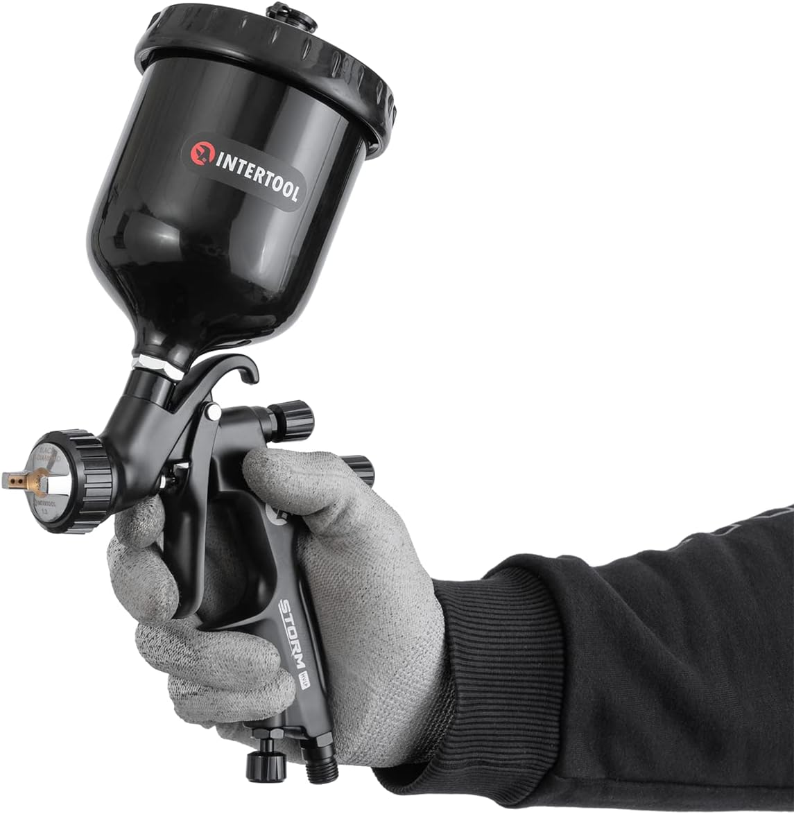 Воздушный краскопульт INTERTOOL Touch Up HVLP с воздушной головкой 0,8 мм, для точного ремонта деталей автомобилей, пластиковый бачок 250 см3, высокопроизводительная чёрная серия M-Diamond | PT08-0170 