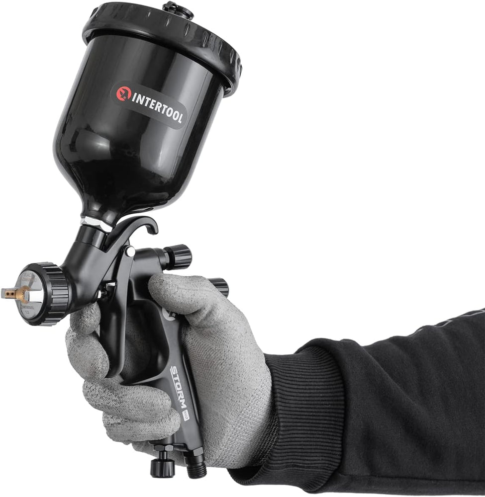 INTERTOOL  Touch Up HVLP Air Spray Gun - 0.8 mm Air Cap, Automotive Precision Detail Repair, 250 cc Plastic Cup, High-Performance Black M-Diamond Series | PT08-0170