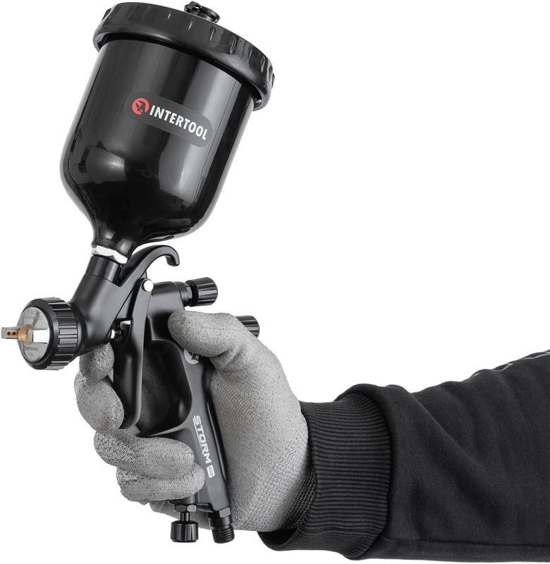 Воздушный краскопульт INTERTOOL Touch Up HVLP с воздушной головкой 0,8 мм, для точного ремонта деталей автомобилей, пластиковый бачок 250 см3, высокопроизводительная чёрная серия M-Diamond | PT08-0170 