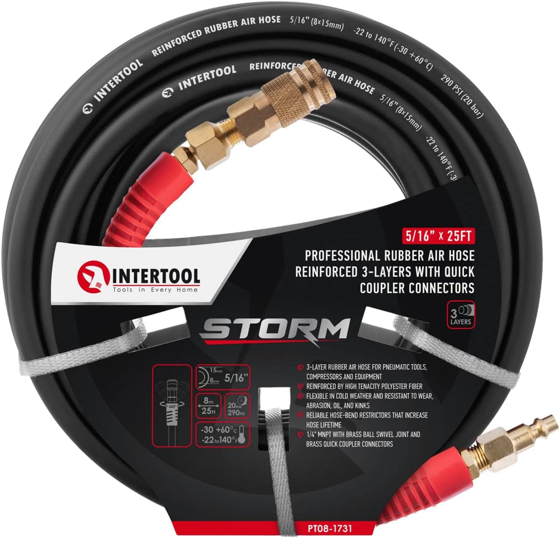 Manguera de aire de caucho INTERTOOL de 5/16” x 25 pies: ultraduradera, resistente y resistente a las torceduras, con conexiones de latón | PT08-1731