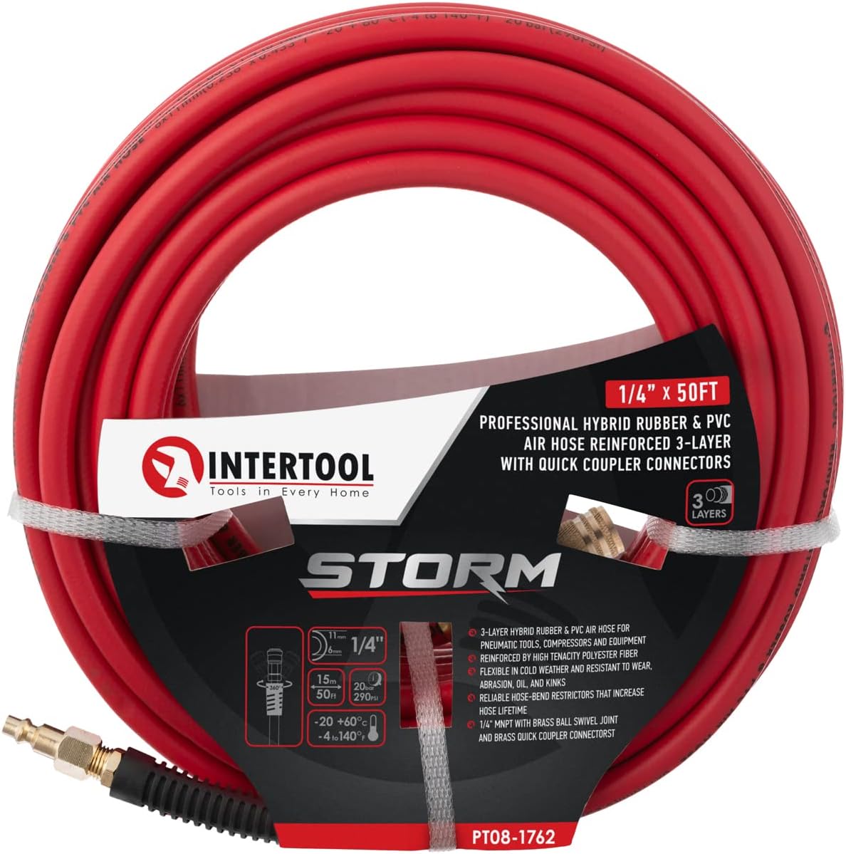 Manguera de aire híbrida INTERTOOL de 1/4” x 50 pies: liviana, resistente a las torceduras, conexiones de latón, acoplador rápido | PT08-1762