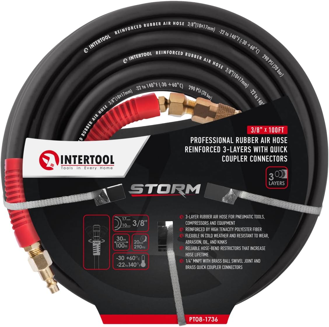 Manguera de aire de caucho ultraduradera INTERTOOL de 3/8” x 100 pies, resistente, resistente a las torceduras, conexión de latón | PT08-1736