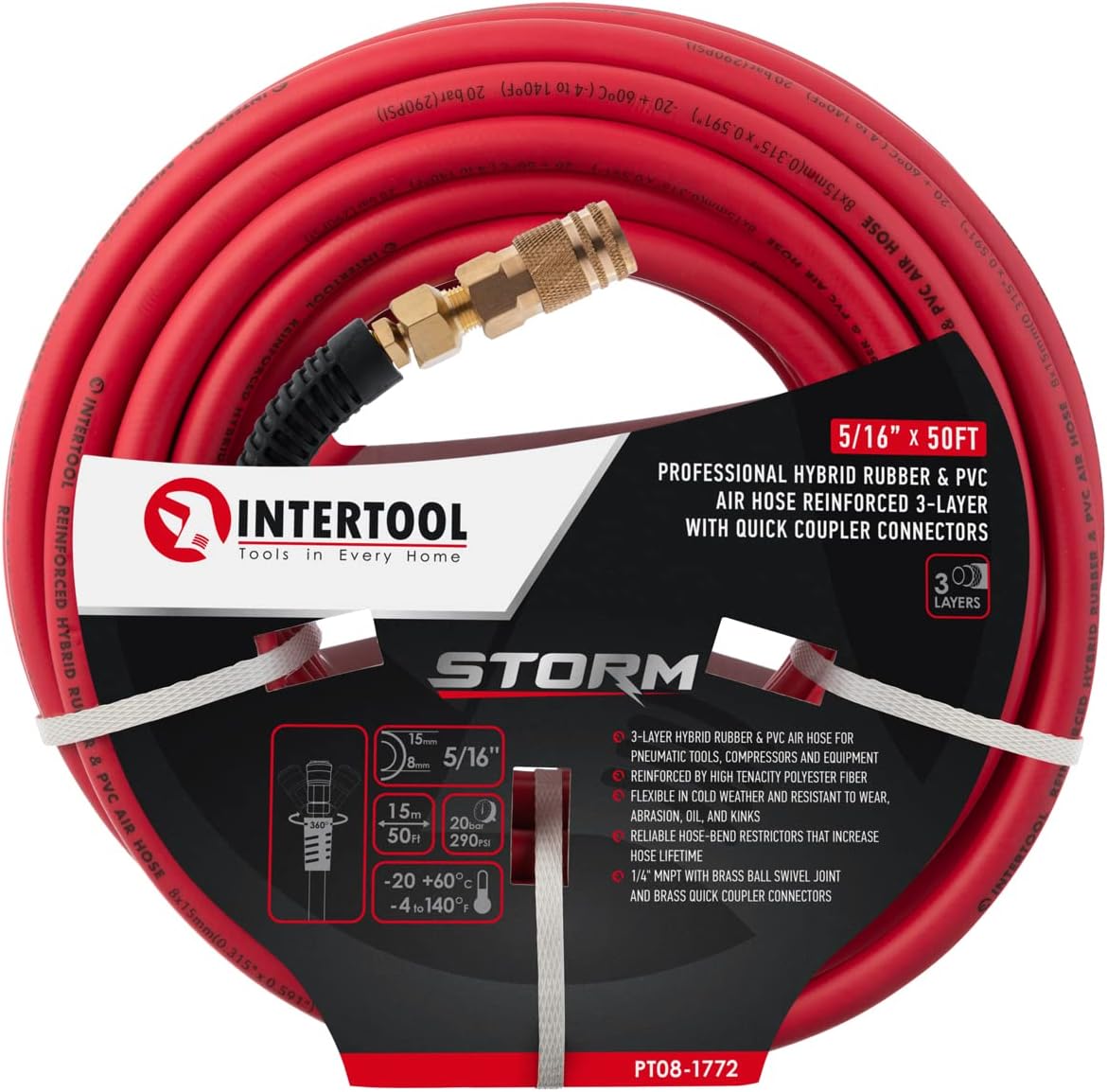 Manguera de aire híbrida INTERTOOL de 5/16” x 50 pies: liviana, resistente a las torceduras, conexiones de latón, acoplamiento rápido | PT08-1772