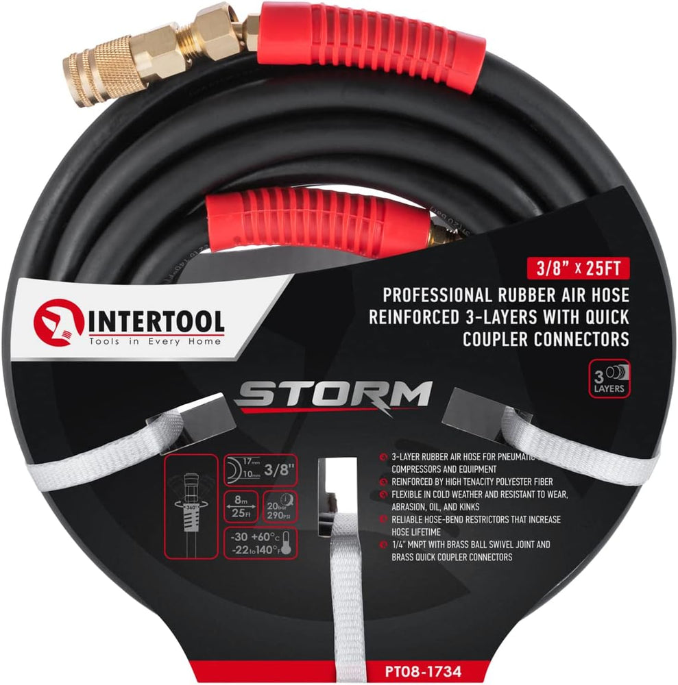 INTERTOOL 3/8” x 25 ft. Rubber Air Hose Brass Fittings | PT08-1734