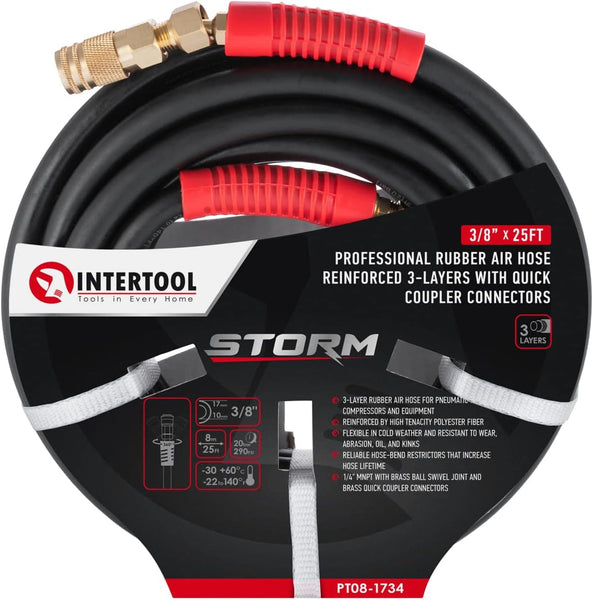 INTERTOOL 3/8” x 25 ft. Rubber Air Hose Brass Fittings | PT08-1734