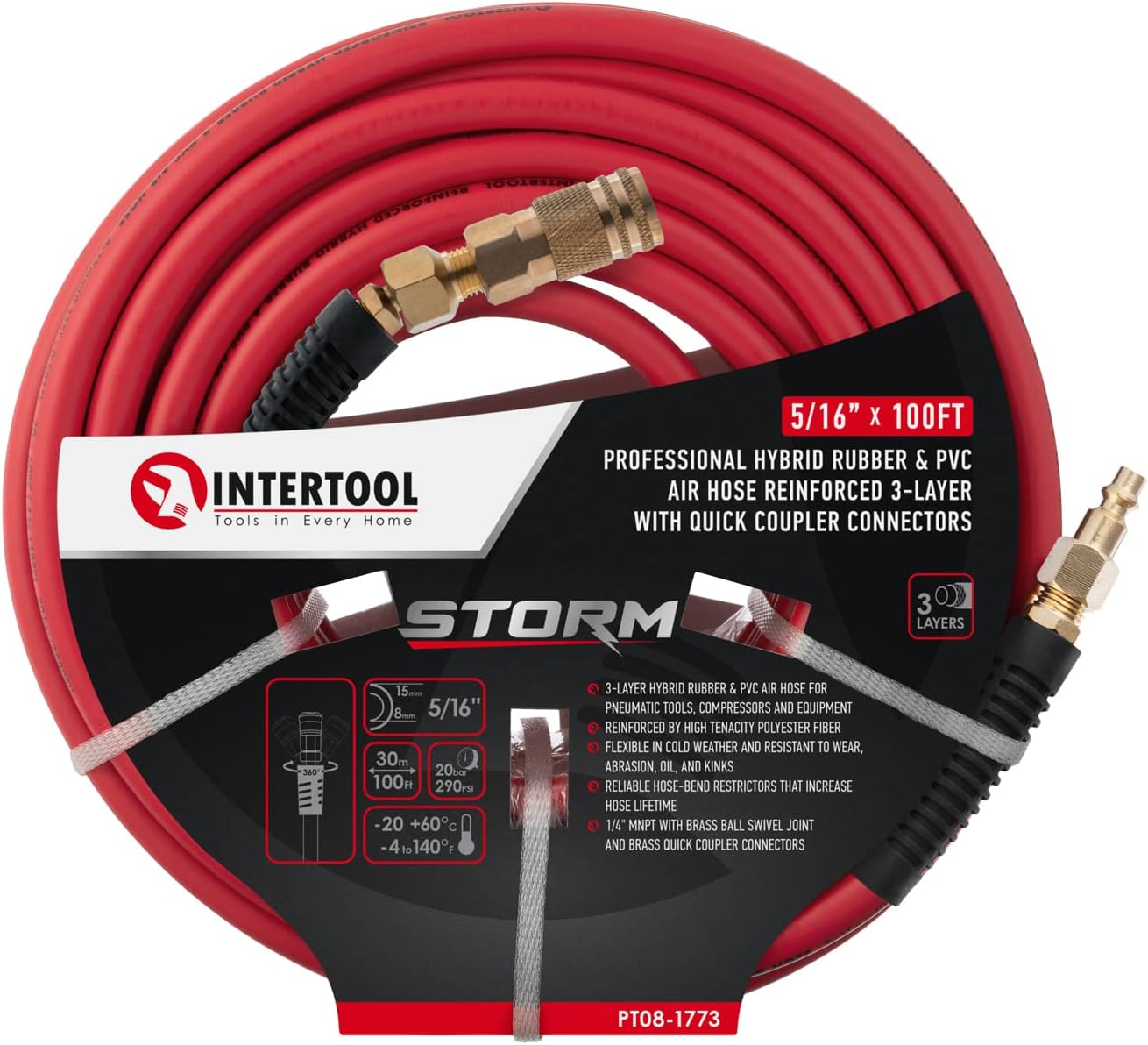 INTERTOOL 5/16” x 100 ft. Hybrid Air Hose - Lightweight, Kink-Resistant, Brass Fittings, Quick Coupler | PT08-1773