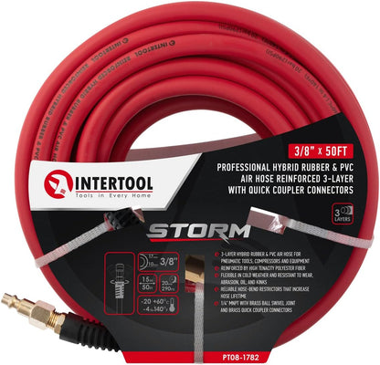 INTERTOOL "3/8” x 50 ft. Hybrid Air Hose - Lightweight, Kink-Resistant, Brass Fittings, Quick Coupler  | PT08-1782