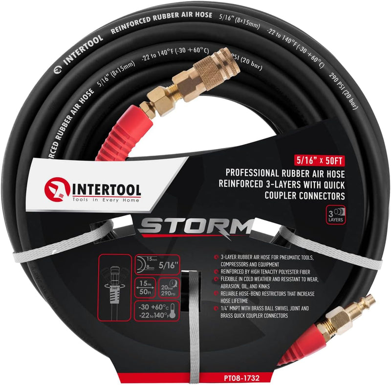 Manguera de aire de caucho INTERTOOL de 5/16” x 50 pies: ultraduradera, resistente y resistente a las torceduras, con conexiones de latón | PT08-1732