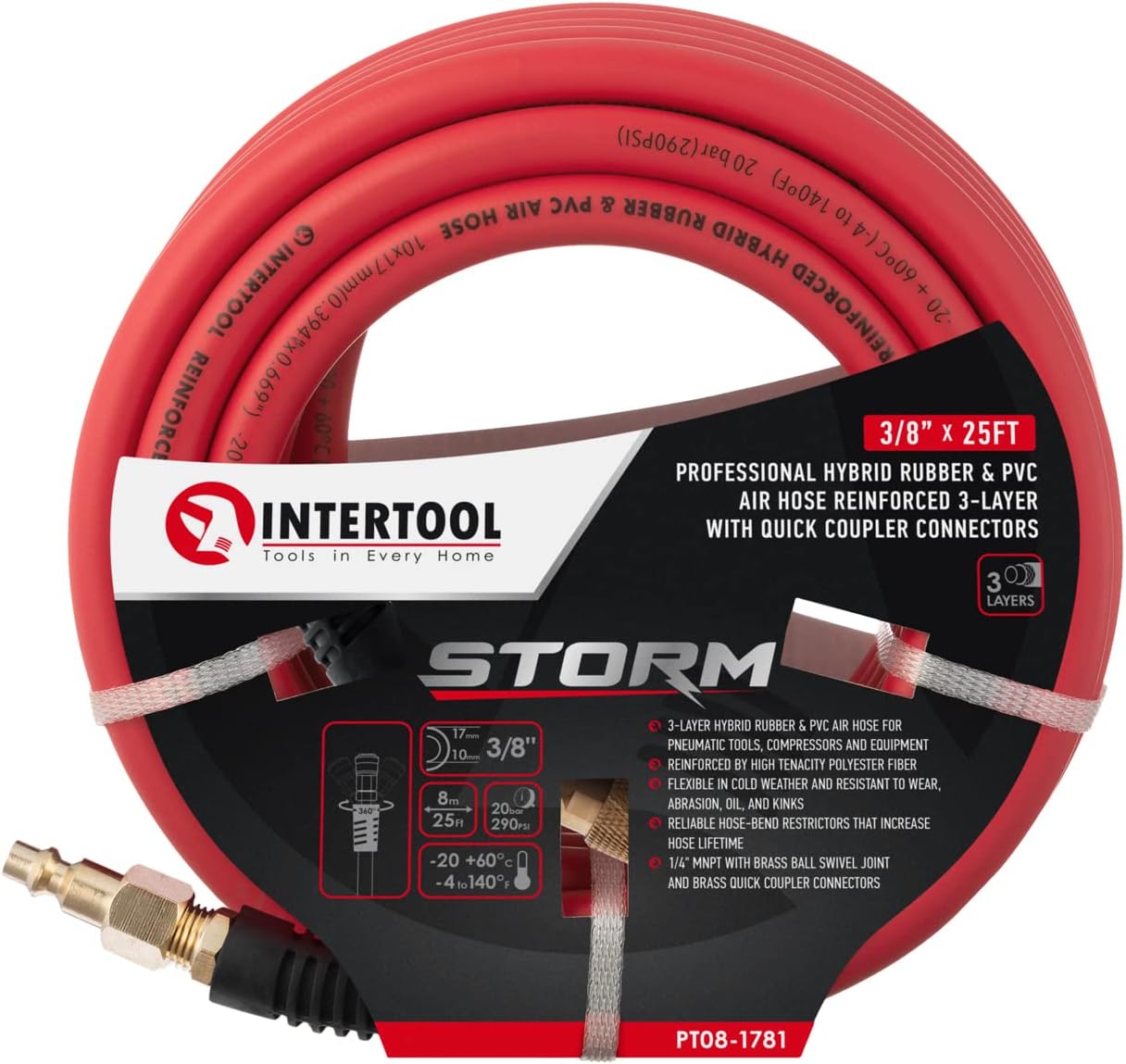 INTERTOOL  "3/8” x 25 ft. Hybrid Air Hose - Lightweight, Kink-Resistant, Brass Fittings, Quick Coupler  | PT08-1781