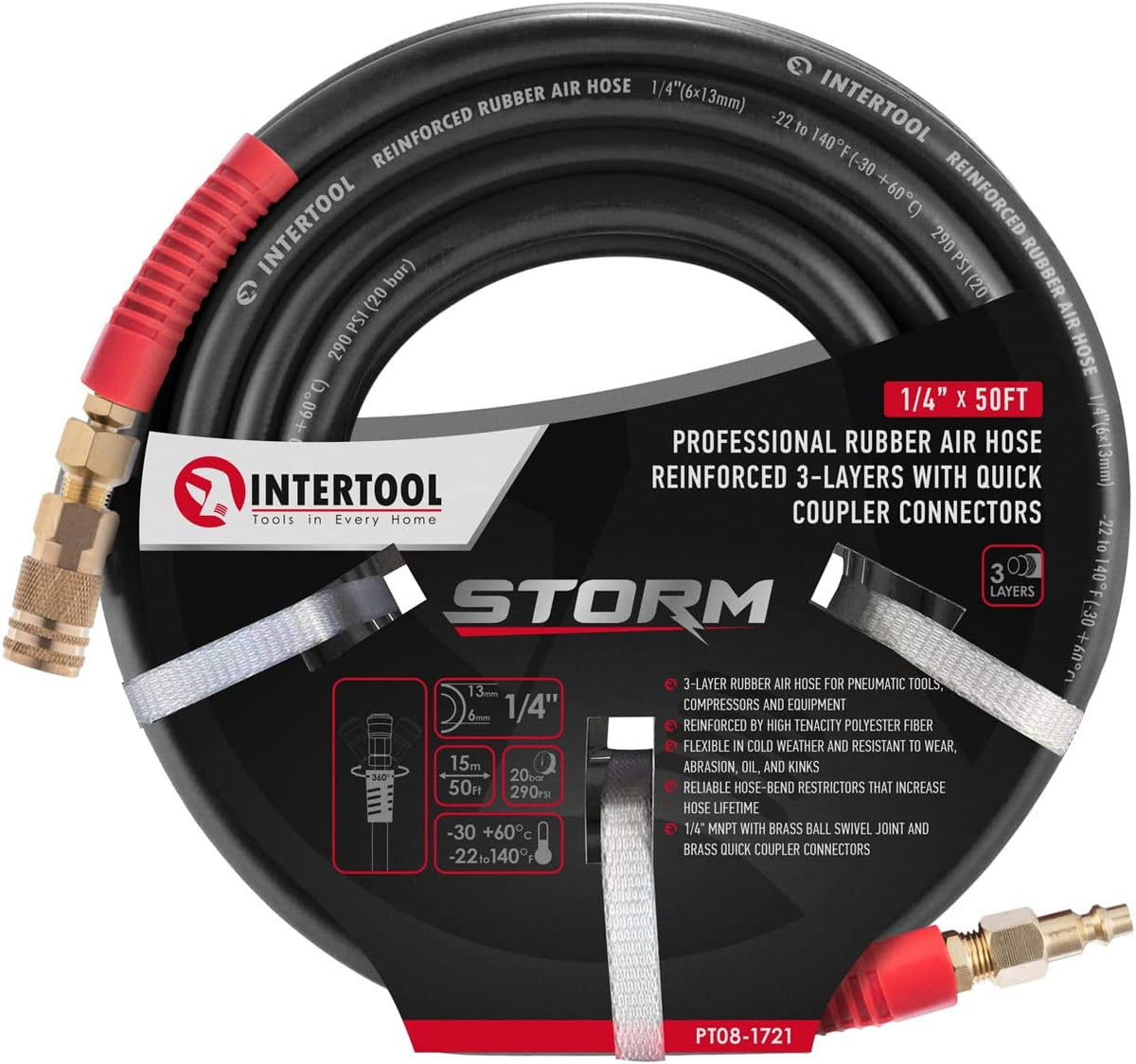 INTERTOOL 1/4” x 50 ft. Rubber Air Hose Brass Fittings | PT08-1721
