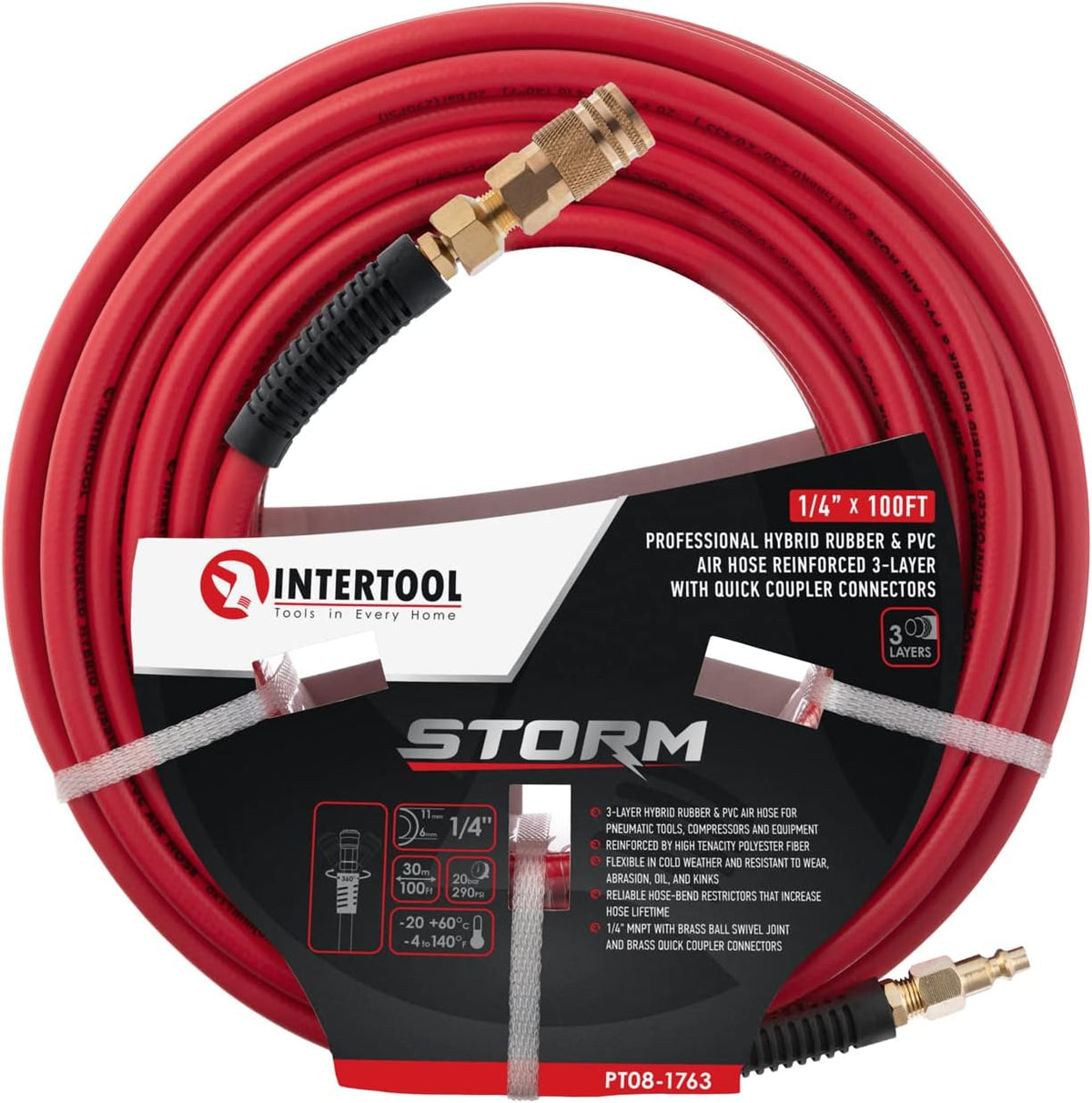 Manguera de aire híbrida INTERTOOL de 1/4” x 100 pies: liviana, resistente a las torceduras, conexiones de latón | PT08-1763
