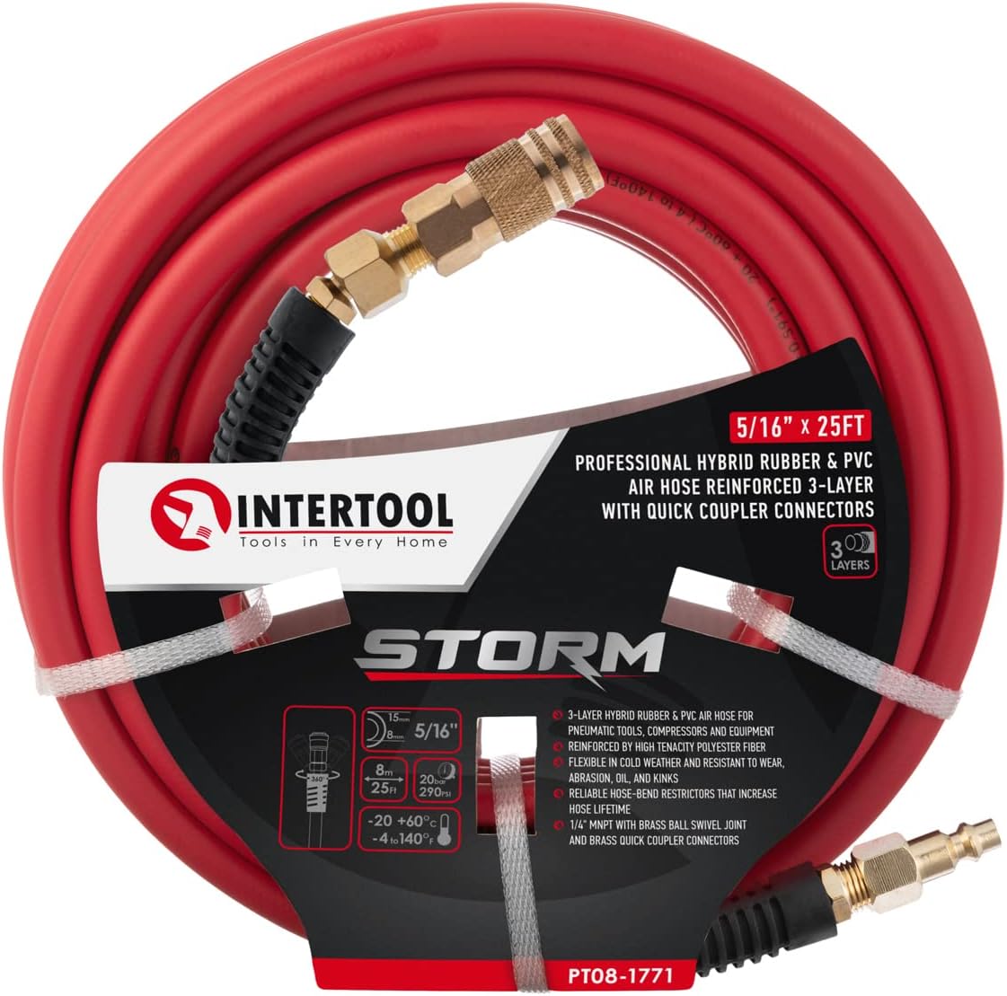 Manguera de aire híbrida INTERTOOL de 5/16” x 25 pies: liviana, resistente a las torceduras, conexiones de latón, acoplador rápido | PT08-1771