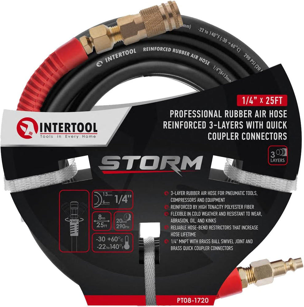 INTERTOOL 1/4” x 25 ft. Rubber Air Hose Brass Fittings | PT08-1720