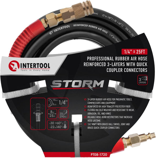 INTERTOOL 1/4” x 25 ft. Rubber Air Hose Brass Fittings | PT08-1720