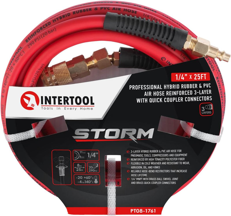 Manguera de aire híbrida INTERTOOL de 1/4” x 25 pies: liviana, resistente a las torceduras, conexiones de latón, acoplador rápido | PT08-1761