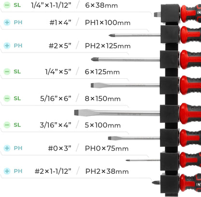 INTERTOOL 8 pcs Screwdriver Set, Phillips & Slotted, Wall Mount Rack | VT08-3438