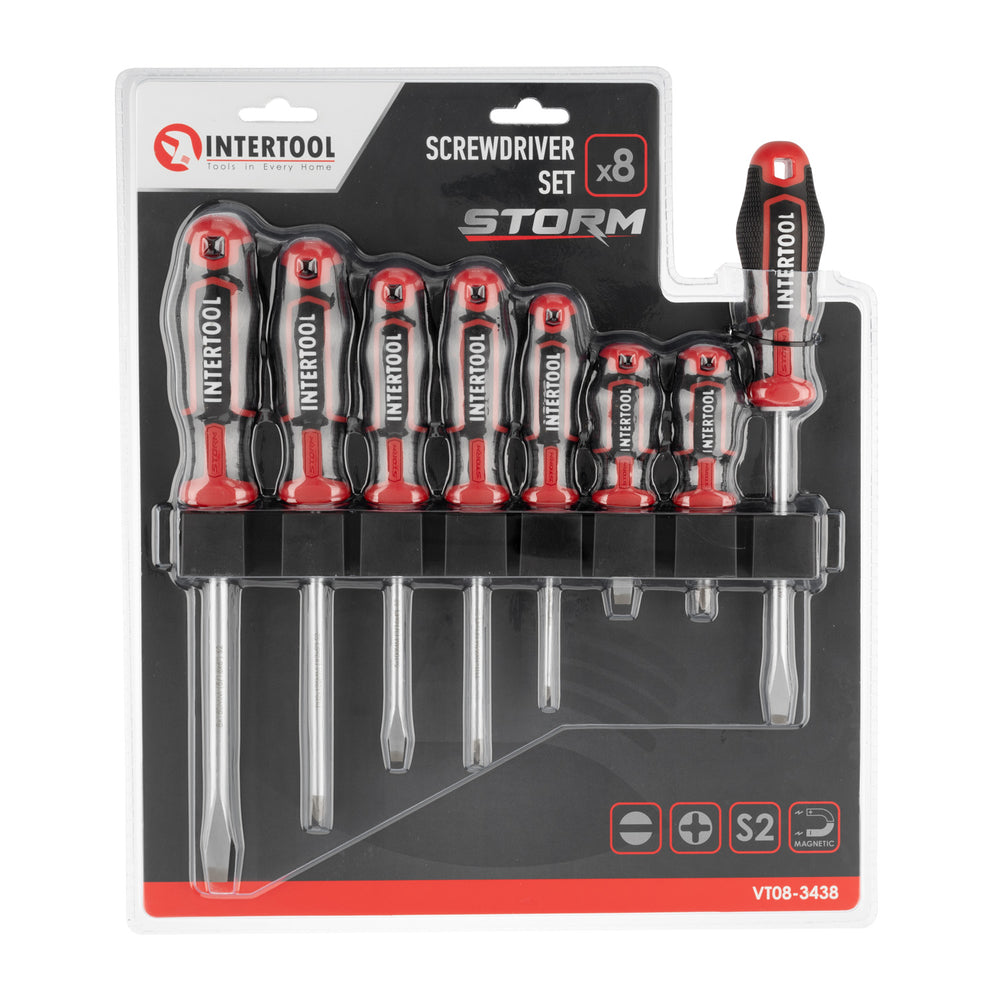 INTERTOOL 8 pcs Screwdriver Set, Phillips & Slotted, Wall Mount Rack | VT08-3438