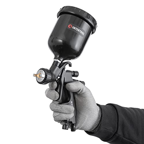 Pistola pulverizadora de pintura INTERTOOL HVLP, boquilla de aire de 1,8 mm, pulverizadora automotriz para imprimación y capa superior, depósito de plástico de 600 cc, serie M-Diamond negra de alto rendimiento | PT08-0168