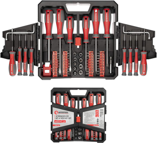 INTERTOOL Juego de destornilladores de precisión de 63 piezas, puntas, vasos y organizador de armario | VT08-3363 