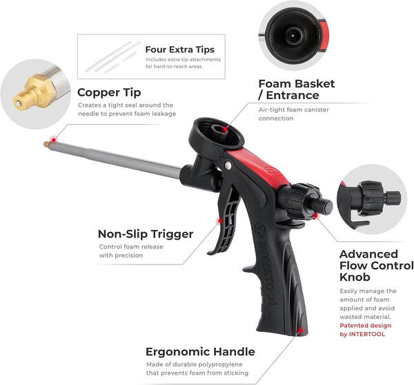 Pistola de espuma en aerosol INTERTOOL, sellador aislante, cuerpo de plástico liviano, control de flujo avanzado | PT08-0608 
