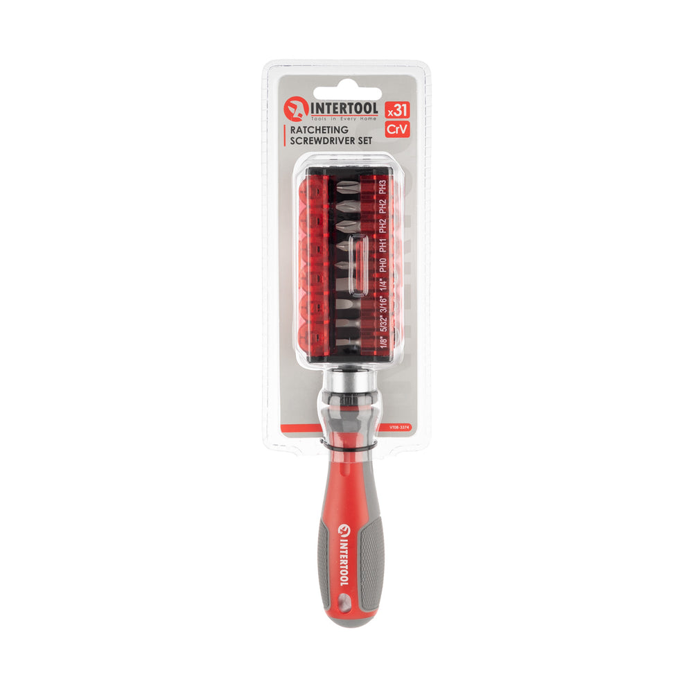 INTERTOOL 31 pcs Ratchet Multi-Bit Screwdriver, Attachable Storage Case | VT08-3374