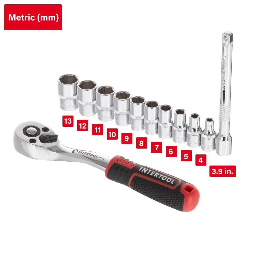 INTERTOOL"1/4" Drive Ratchet Socket Set, 11", Offset, 12 Pieces | ET08-8012
