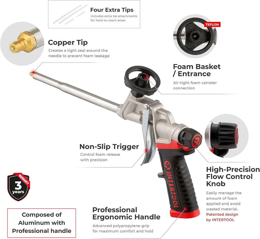 Пистолет для пены INTERTOOL из нержавеющей стали с антипригарным покрытием PTFE | PT08-0609 