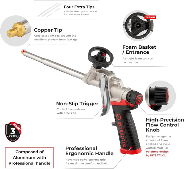 Пистолет для пены INTERTOOL из нержавеющей стали с антипригарным покрытием PTFE | PT08-0609 