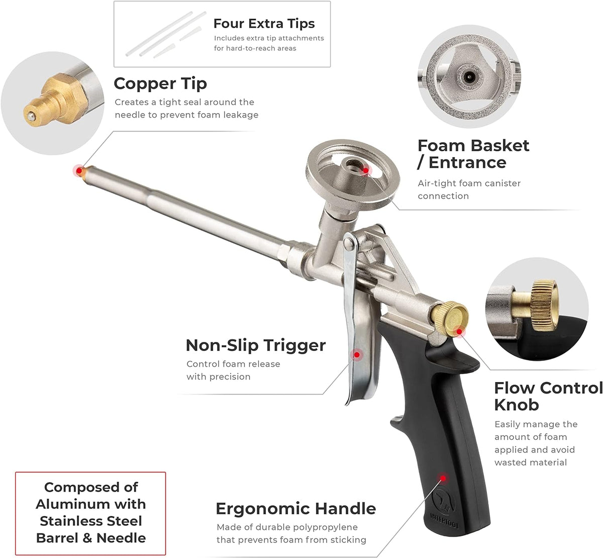 Pistola de espuma en aerosol INTERTOOL, sellador aislante, acero inoxidable | PT08-0603 