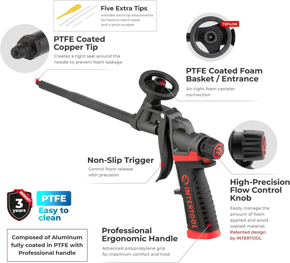 Pistola de espuma en aerosol INTERTOOL, aislante de sellador, revestimiento completo de teflón y mango profesional | PT08-0610