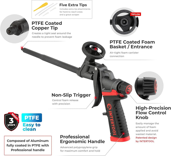 Pistola de espuma en aerosol INTERTOOL, aislante de sellador, revestimiento completo de teflón y mango profesional | PT08-0610