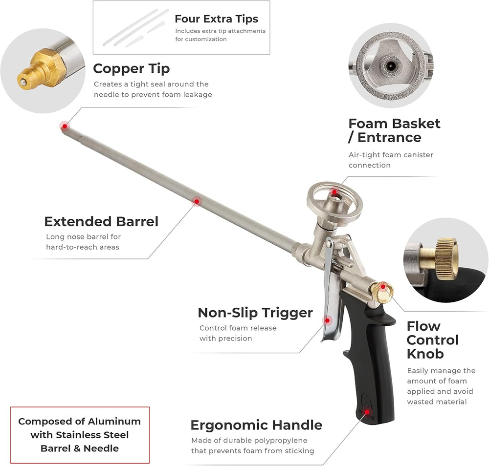 INTERTOOL Long Nose Spray Foam Gun, 20 in., Sealant Insulation, Stainless Steel | PT08-0650