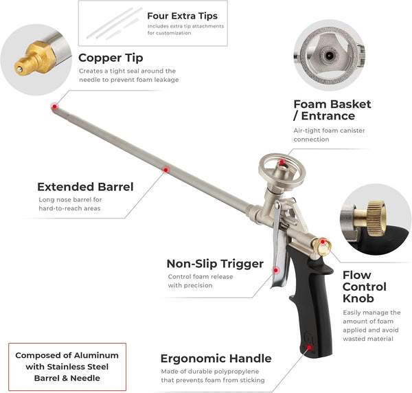 INTERTOOL Long Nose Spray Foam Gun, 20 in., Sealant Insulation, Stainless Steel | PT08-0650