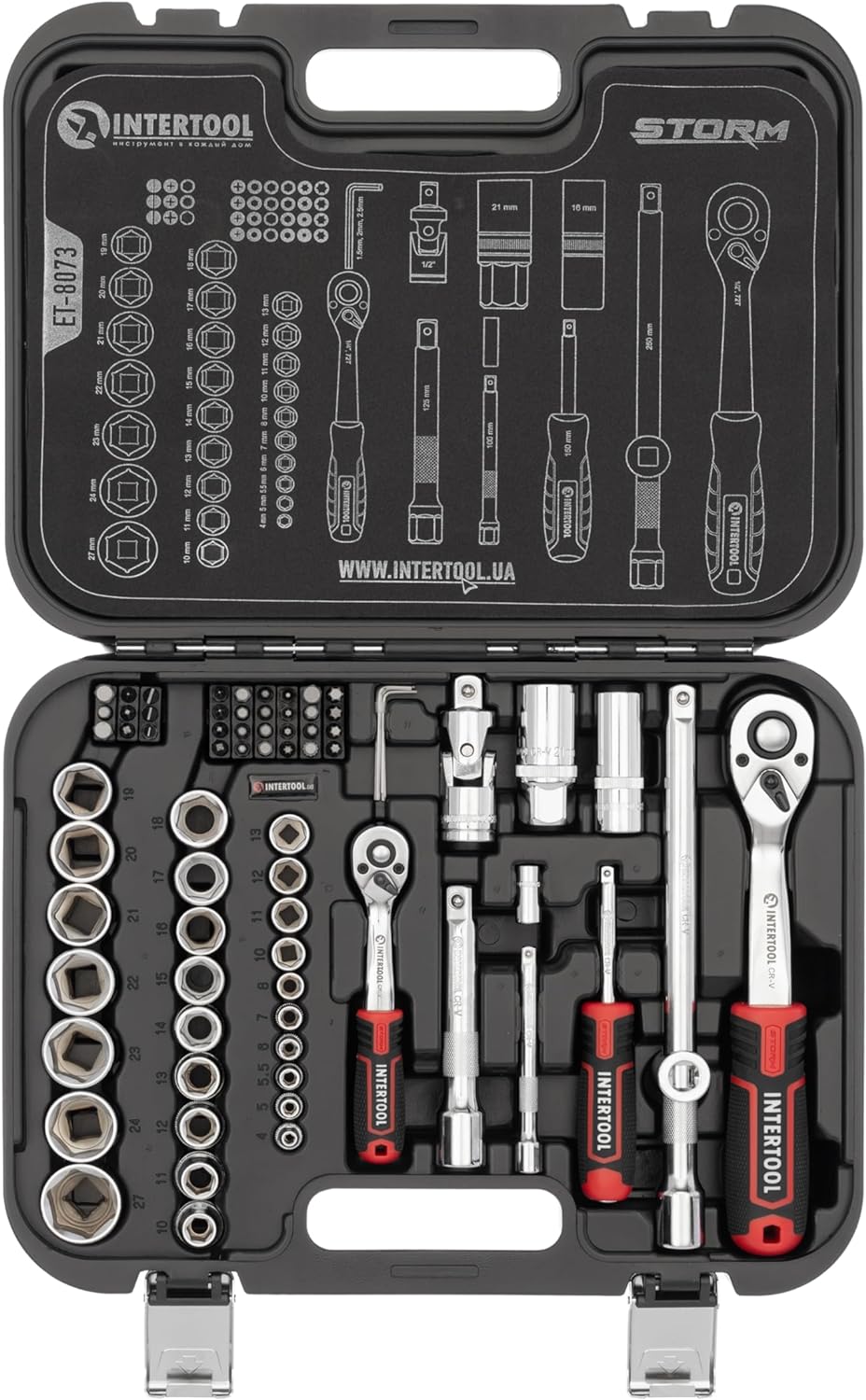 INTERTOOL 73-Piece Metric Socket Set | 1/4” & 1/2” Drive | ET08-8073