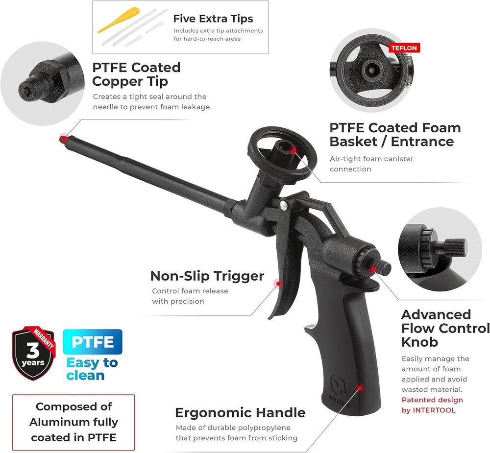 Пистолет для пены INTERTOOL из нержавеющей стали с антипригарным покрытием PTFE | PT08-0606 