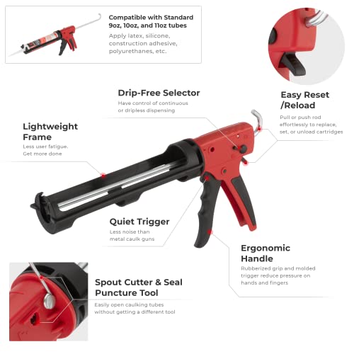 INTERTOOL Dripless Caulking Gun - 12:1 Thrust Ratio, 10oz Anti-Drip Silicone Gun for Windows, Bathroom, Kitchen  | HT08-0028