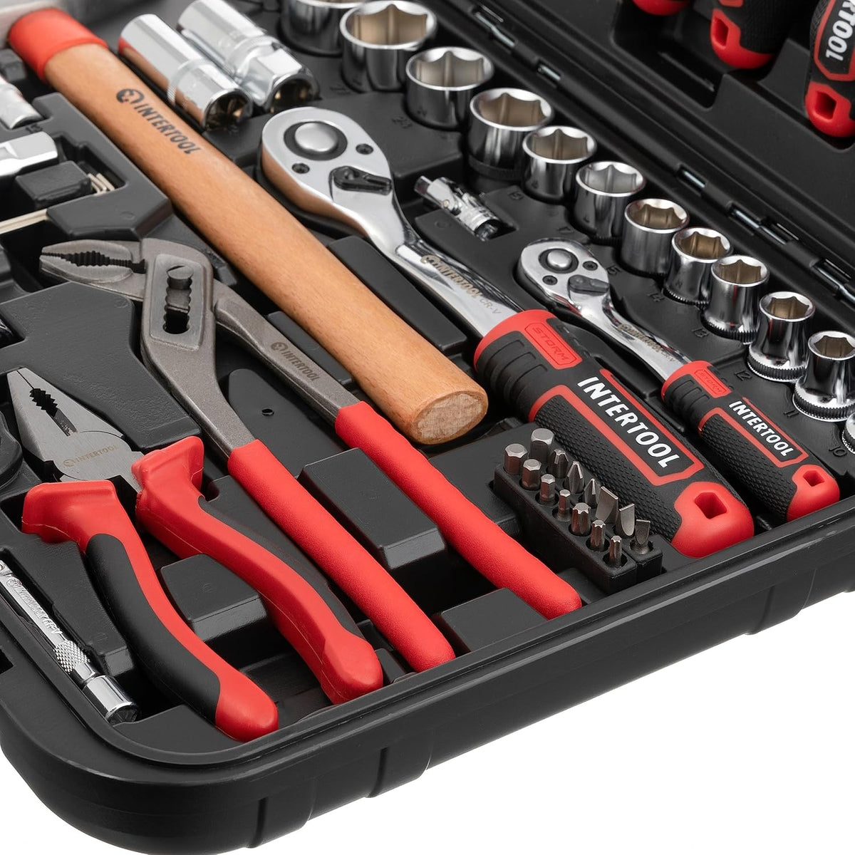 Juego completo de herramientas mecánicas INTERTOOL con accionamiento de 1/4" y 1/2", 100 piezas | ET08-8100 