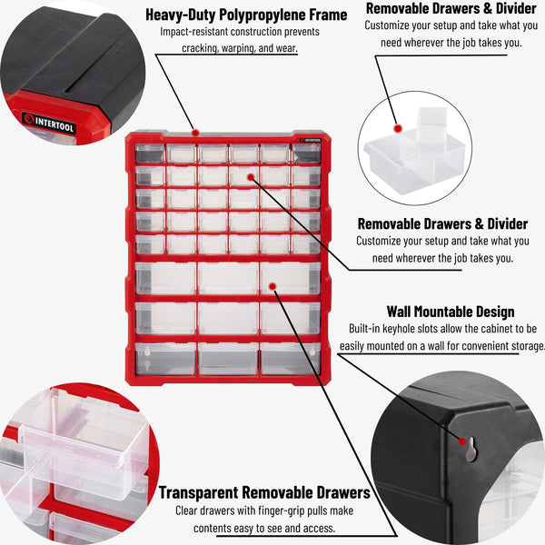 Cajonera INTERTOOL, 39 cajones, 18,7" x 14,9" x 6,2", plástico | BX08-4013 