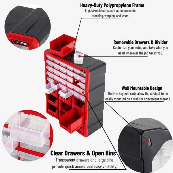 Organizador de almacenamiento de 39 cajones INTERTOOL | Gabinete para piezas pequeñas y ferretería | BX08-4015