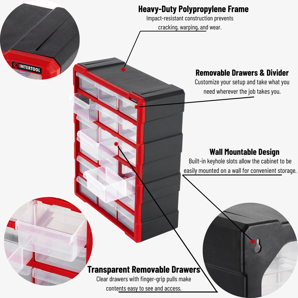 Organizador de almacenamiento de 18 cajones INTERTOOL | Gabinete para piezas pequeñas y ferretería | BX08-4019