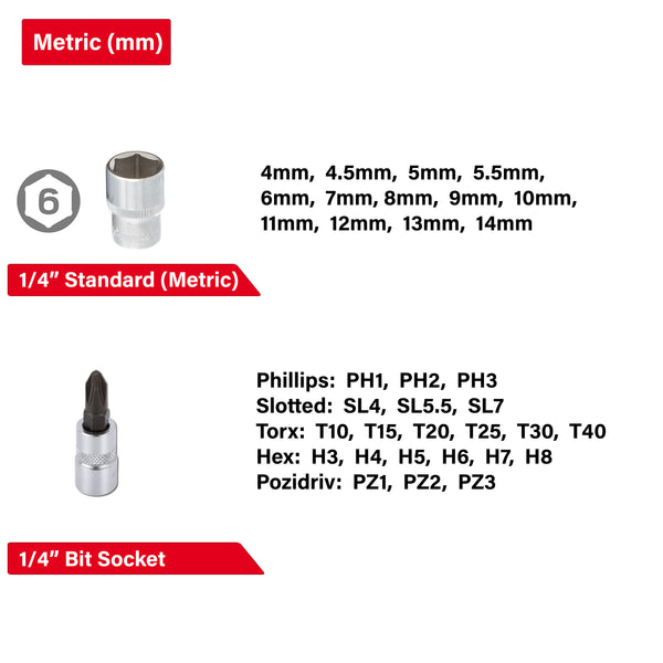 INTERTOOL 1/4" Drive Socket and Bit Set, Metric, 46 pcs Compact Hard Case  | ET08-8046