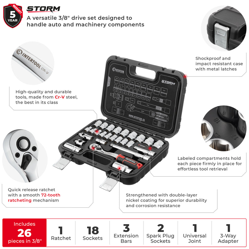 INTERTOOL 3/8" Drive Socket Set, Metric, 26 pcs | ET08-8026