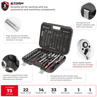 INTERTOOL 73-Piece Metric Socket Set | 1/4” & 1/2” Drive | ET08-8073