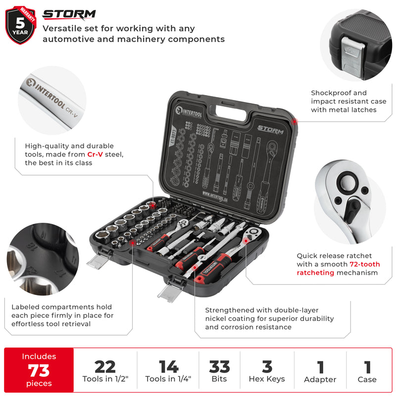 INTERTOOL 73-Piece Metric Socket Set | 1/4” & 1/2” Drive | ET08-8073