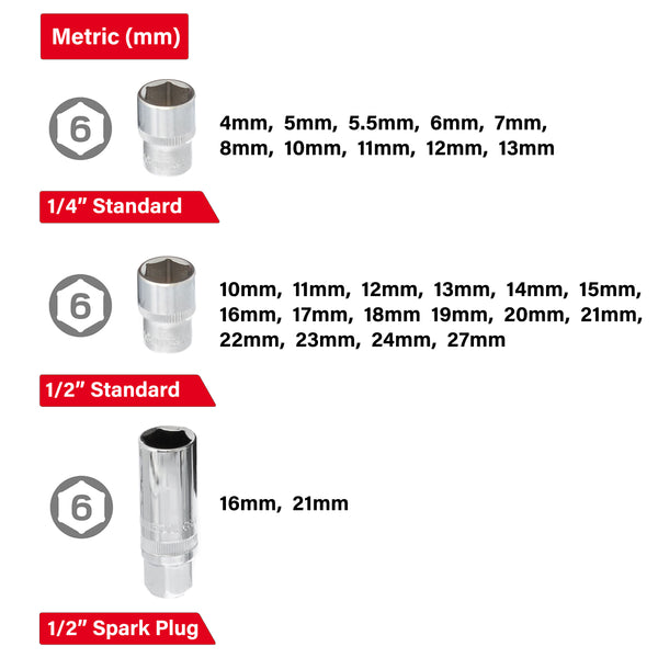 Juego de llaves de vaso métricas INTERTOOL de 73 piezas | Con entrada de 1/4” y 1/2” | ET08-8073