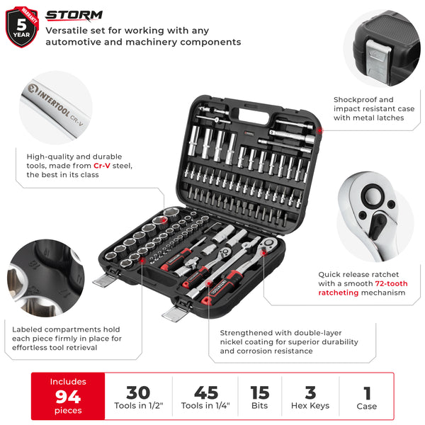INTERTOOL 94-Piece Metric Socket Set | 1/4” & 1/2” Drive | ET08-8094